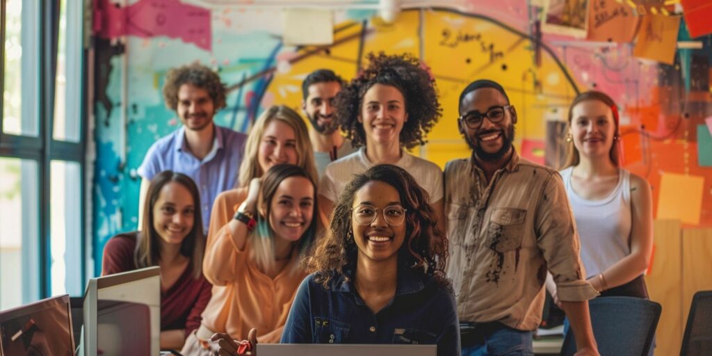 Um grupo diverso de jovens adultos sorrindo, posando em um escritório com paredes coloridas.