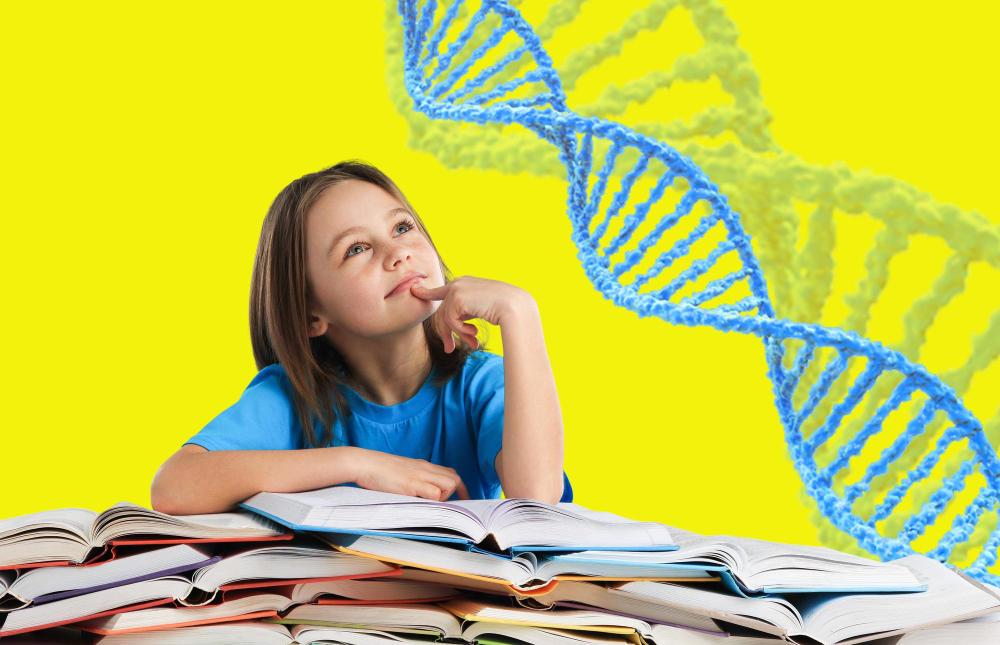 Uma menina concentrada estudando em uma pilha de livros, com uma hélice de DNA flutuando no fundo amarelo.