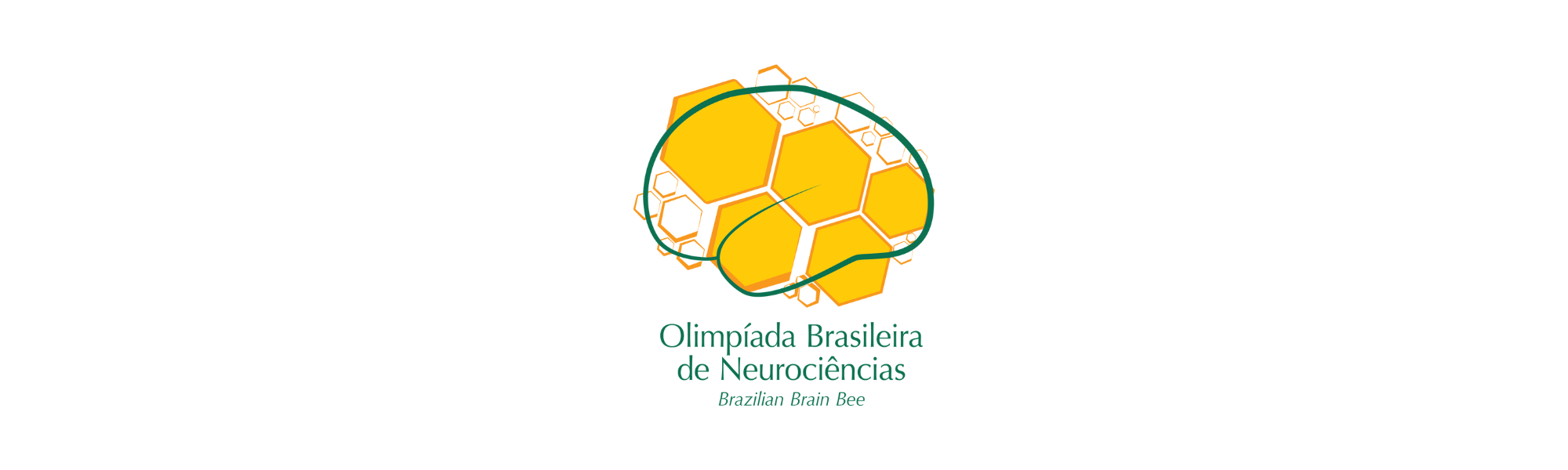 Logotipo da Olimpíada Brasileira de Neurociências, com células hexagonais amarelas e linhas verdes interligadas.
