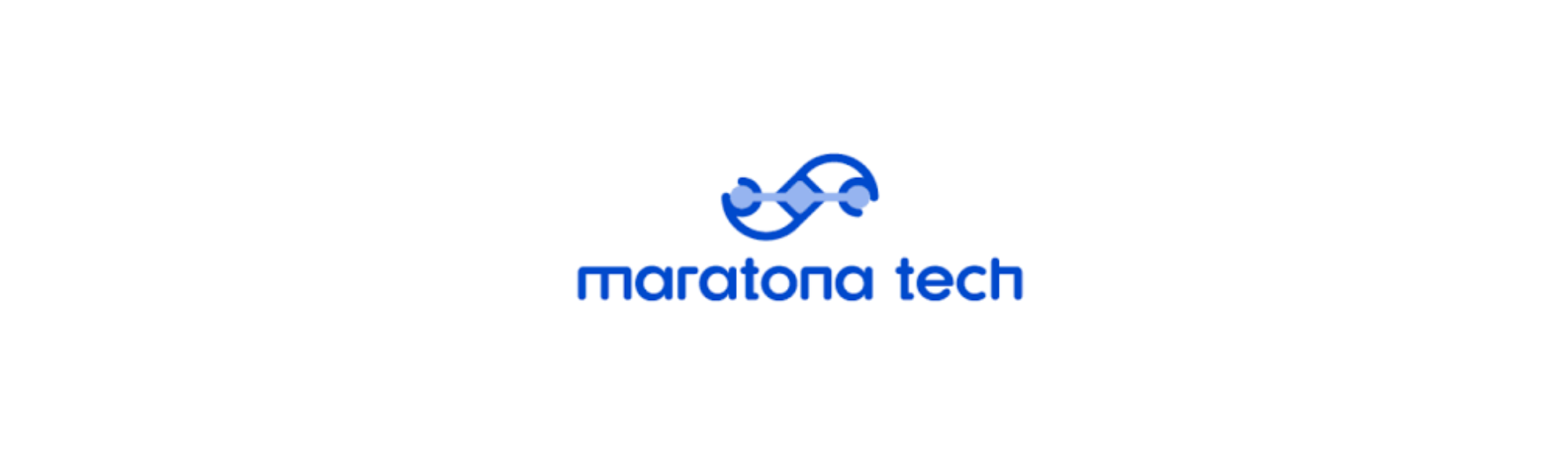 Um logo azul com um símbolo ondulado acima da frase "maratona tech" em azul.