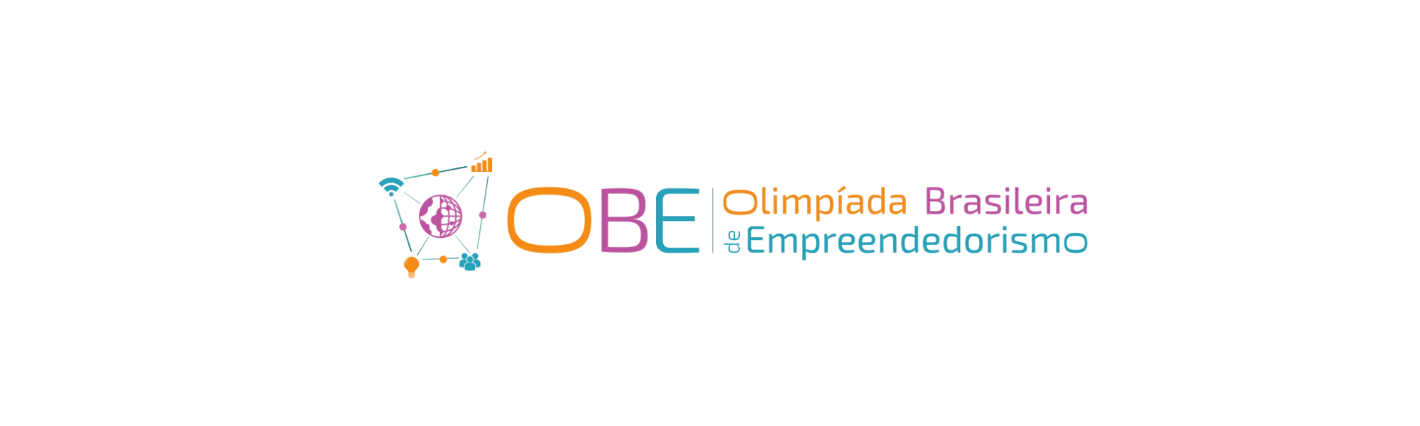 Logotipo da Olimpíada Brasileira de Empreendedorismo com ícones coloridos conectados e texto nas cores laranja, roxa e azul.