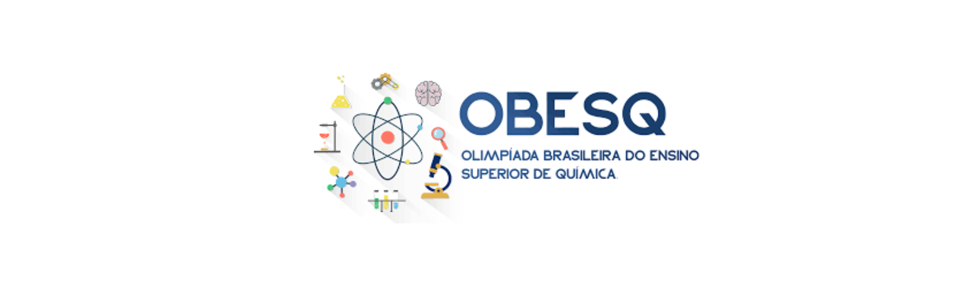 Um conjunto de ícones científicos, incluindo um átomo, microscópio, cérebro e provetas, ao lado do texto "OBESQ OLIMPÍADA BRASILEIRA DO ENSINO SUPERIOR DE QUÍMICA".