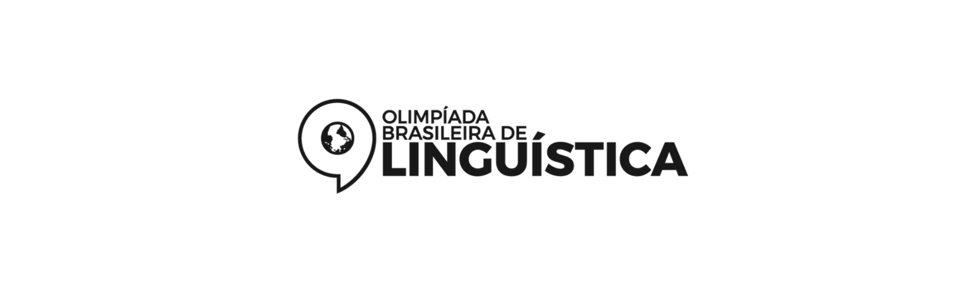 Um logotipo em cinza escuro de um balão de fala com um globo e um play, seguido por "Olimpíada Brasileira de Linguística".