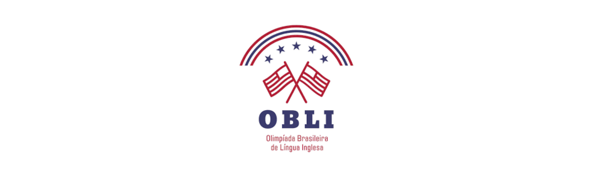 Um semicírculo com estrelas e listras, duas bandeiras americanas cruzadas, e o texto "OBLI Olimpíada Brasileira de Língua Inglesa".