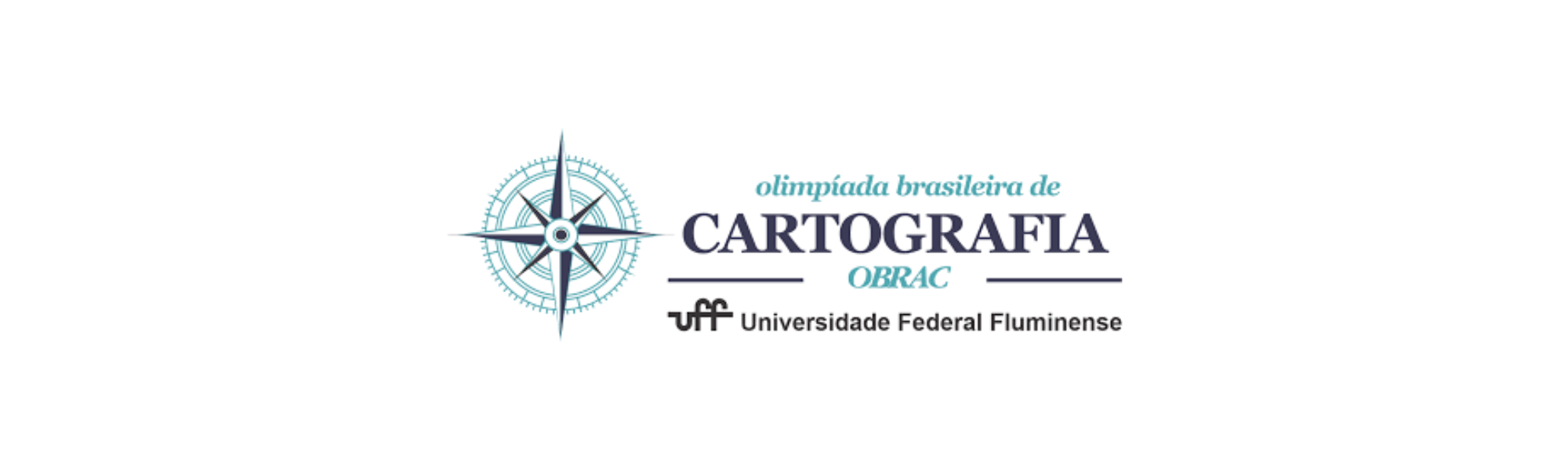 Uma rosa dos ventos azul-claro à esquerda, e à direita o texto "olimpíada brasileira de CARTOGRAFIA OBRAC UFF Universidade Federal Fluminense".