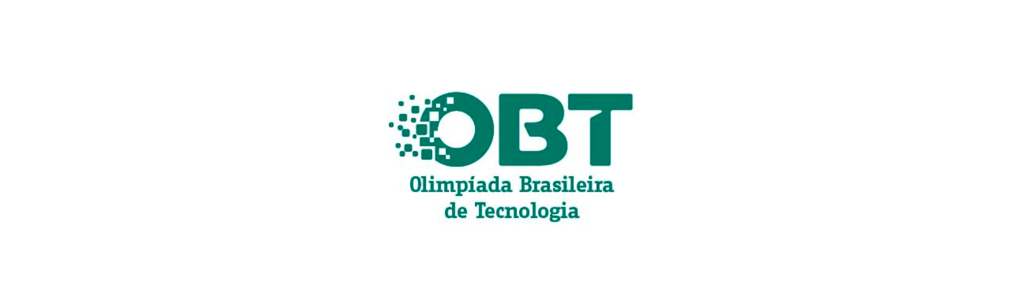 Um logotipo verde-azulado com as letras "OBT" e pixels se desintegrando, seguido pelo texto "Olimpíada Brasileira de Tecnologia".
