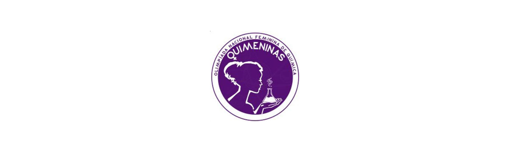 Um logotipo circular roxo com a silhueta de uma mulher segurando um balão de fundo chato, e o texto "OLIMPÍADA NACIONAL FEMININA DE QUÍMICA QUIMENINAS" circulando a borda.