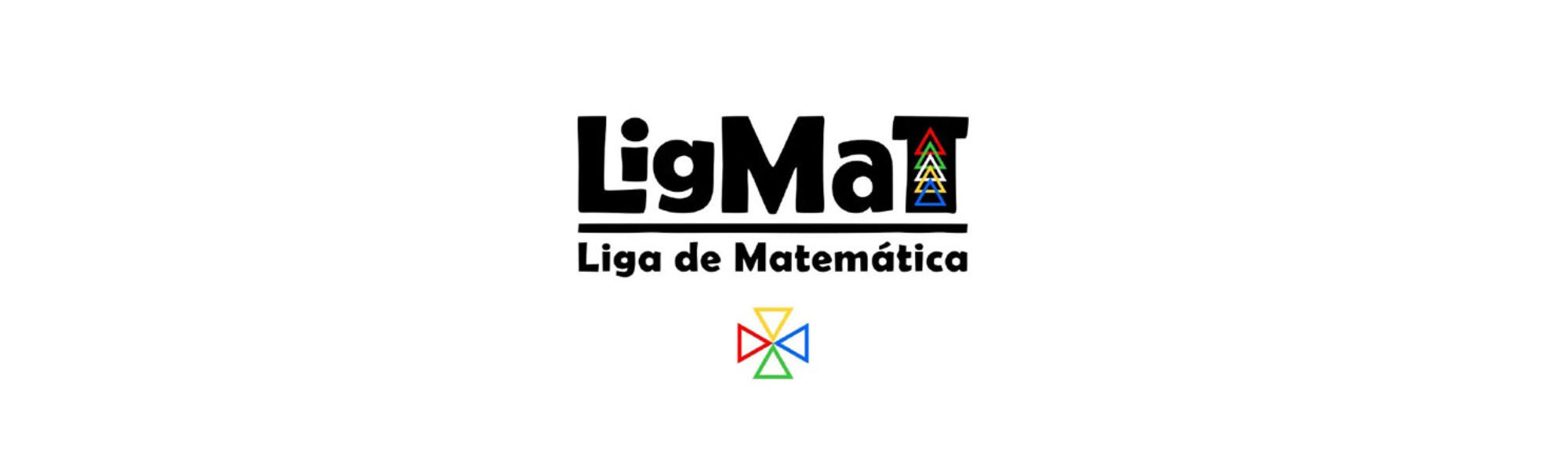 Logotipo da "LigMat - Liga de Matemática", com a letra "T" estilizada com triângulos coloridos e um símbolo de quatro triângulos na parte inferior.