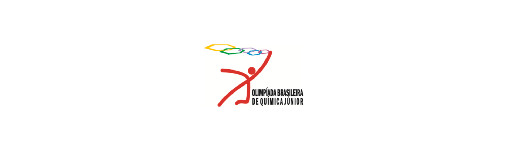 Logotipo da Olimpíada Brasileira de Química Júnior, com uma figura humana vermelha e hexágonos coloridos.