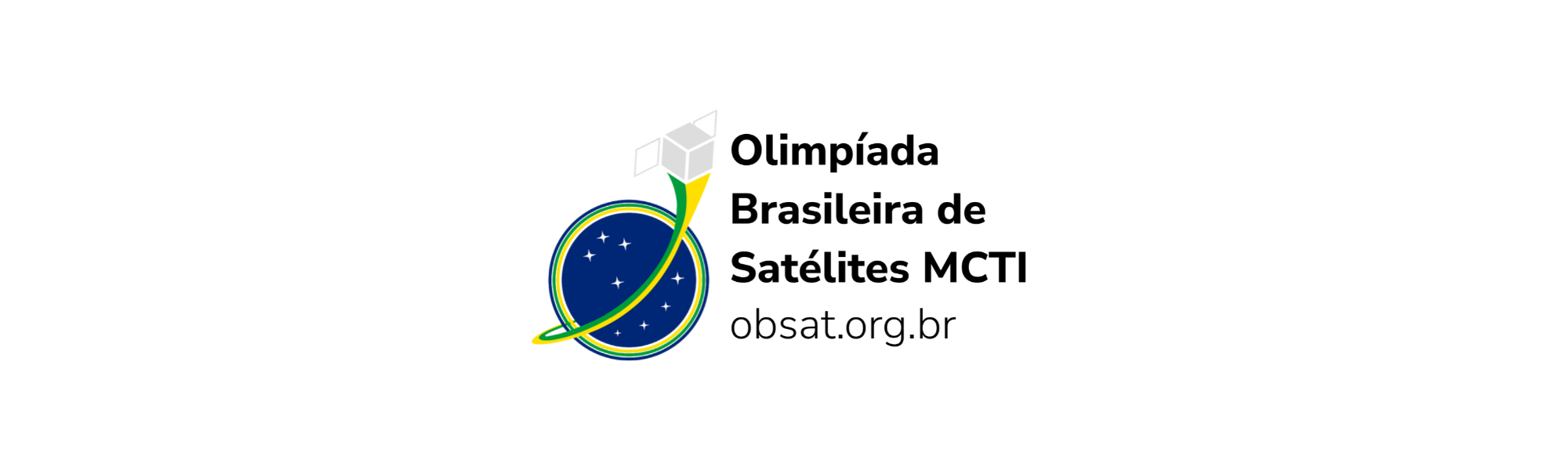 Logotipo da Olimpíada Brasileira de Satélites MCTI, com o emblema da bandeira do Brasil e o site.